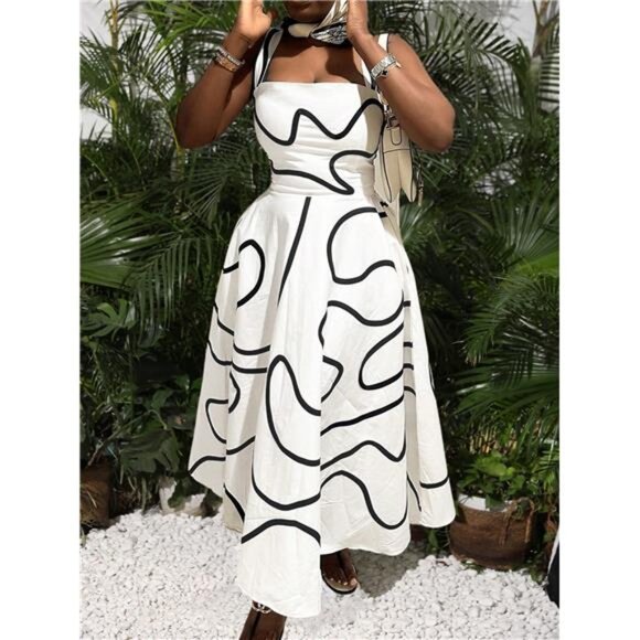 White Abstract Striped Spaghetti Strap Dress W/ Cinched Waist And Flared Hemline - Picture 2 of 8